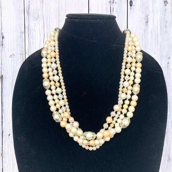 Elegant Quadruple Strand Faux Pearl Necklace White Cream Coral Mid Length 26"L - Picture 1 of 4
